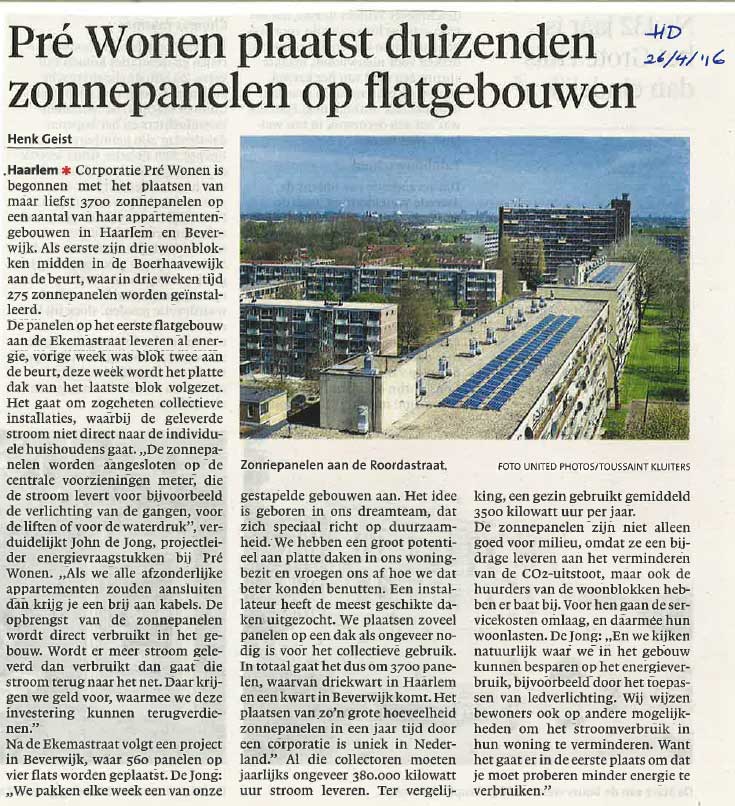 Haarlems Dagblad, plaatsen zonnepanelen in Haarlem door Pré Wonen